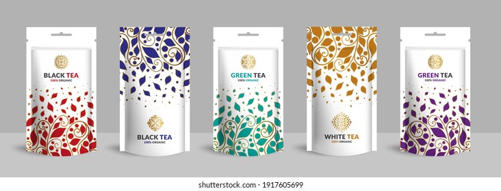 Tea packaging design with zip pouch bag mockup. Vintage vector ornament template. Elegant, classic elements. Great for food, drink and other package types. Can be used for background and wallpaper.