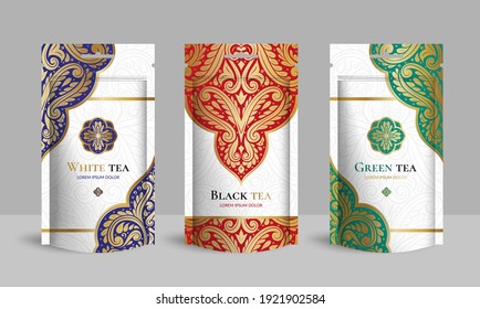 Tea packaging design with zip pouch bag mockup. Vintage vector ornament template. Elegant, classic elements. Great for food, drink and other package types. Can be used for background and wallpaper.