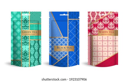 Tea packaging design with zip pouch bag mockup. Vintage vector ornament template. Elegant, classic elements. Great for food, drink and other package types. Can be used for background and wallpaper.