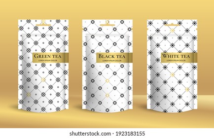 Tea packaging design with zip pouch bag mockup. Vintage vector ornament template. Elegant, classic elements. Great for food, drink and other package types. Can be used for background and wallpaper.