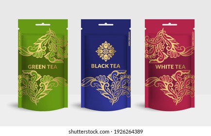 Tea packaging design with zip pouch bag mockup. Vintage vector ornament template. Elegant, classic elements. Great for food, drink and other package types. Can be used for background and wallpaper.