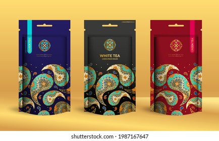 Tea packaging design with zip pouch bag mockup. Vector ornament template. Elegant, classic elements. Great for food, drink and other package types. Can be used for background and wallpaper.