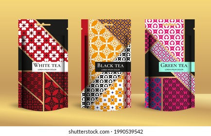 Tea packaging design with zip pouch bag mockup. Vector ornament template. Elegant, classic elements. Great for food, drink and other package types. Can be used for background and wallpaper.