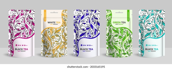 Tea Packaging Design With Zip Pouch Bag Mockup. Vector Ornament Template. Elegant, Classic Elements. Great For Food, Drink And Other Package Types. Can Be Used For Background And Wallpaper.