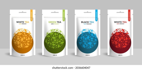Tea packaging design with zip pouch bag mockup. Vector ornament template. Elegant, classic elements. Great for food, drink and other package types. Can be used for background and wallpaper.