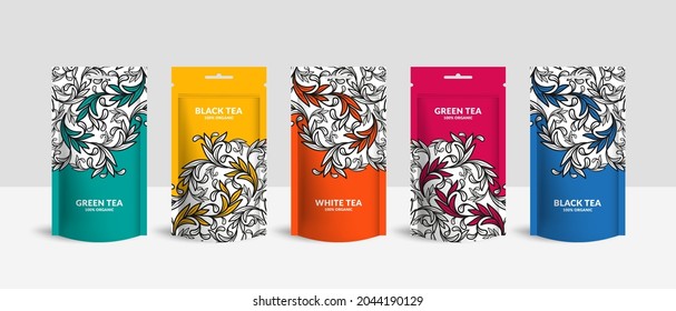 Tea packaging design with zip pouch bag mockup. Vector ornament template. Elegant, classic elements. Great for food, drink and other package types. Can be used for background and wallpaper.