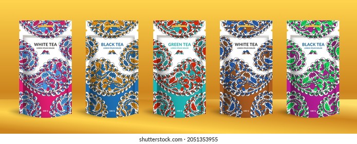 Diseño de empaque de té con bolsa de bolsita de cremallera. Plantilla de ornamento vectorial. Elementos elegantes y clásicos. Ideal para comidas, bebidas y otros paquetes. Se puede usar para fondo y fondo de pantalla.