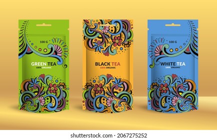 Tea packaging design with zip pouch bag mockup. Vector ornament template. Elegant, classic elements. Great for food, drink and other package types. Can be used for background and wallpaper.