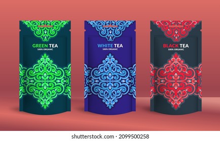 Tea packaging design with zip pouch bag mockup. Vector ornament template. Elegant, classic elements. Great for food, drink and other package types. Can be used for background and wallpaper.