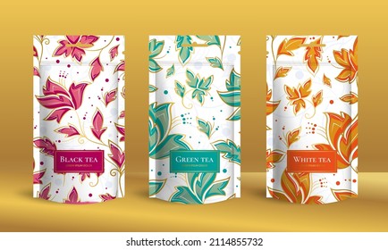 Tea packaging design with zip pouch bag mockup. Vector ornament template. Elegant, classic elements. Great for food, drink and other package types. Can be used for background and wallpaper.