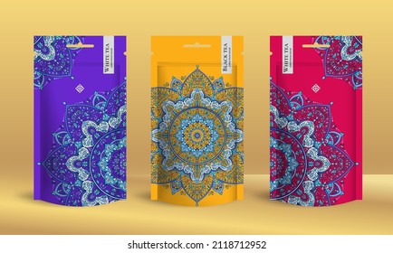 Tea packaging design with zip pouch bag mockup. Vector ornament template. Elegant, classic elements. Great for food, drink and other package types. Can be used for background and wallpaper.