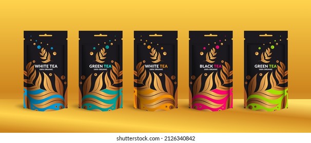 Tea packaging design with zip pouch bag mockup. Vector ornament template. Elegant, classic elements. Great for food, drink and other package types. Can be used for background and wallpaper.