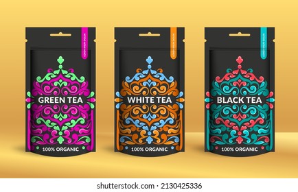 Tea packaging design with zip pouch bag mockup. Vector ornament template. Elegant, classic elements. Great for food, drink and other package types. Can be used for background and wallpaper.