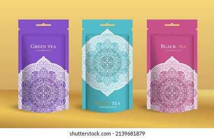 Tea packaging design with zip pouch bag mockup. Vector ornament template. Elegant, classic elements. Great for food, drink and other package types. Can be used for background and wallpaper.