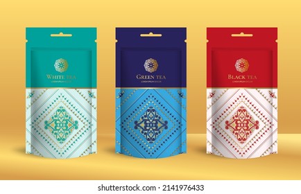 Tea packaging design with zip pouch bag mockup. Vector ornament template. Elegant, classic elements. Great for food, drink and other package types. Can be used for background and wallpaper.