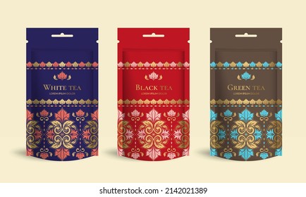 Tea packaging design with zip pouch bag mockup. Vector ornament template. Elegant, classic elements. Great for food, drink and other package types. Can be used for background and wallpaper.