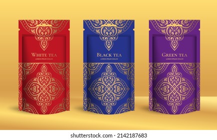 Tea packaging design with zip pouch bag mockup. Vector ornament template. Elegant, classic elements. Great for food, drink and other package types. Can be used for background and wallpaper.