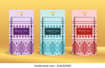 Tea packaging design with zip pouch bag mockup. Vector ornament template. Elegant, classic elements. Great for food, drink and other package types. Can be used for background and wallpaper.