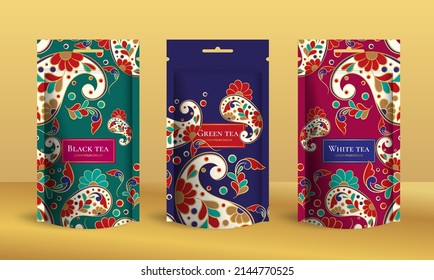 Tea packaging design with zip pouch bag mockup. Vector ornament template. Elegant, classic elements. Great for food, drink and other package types. Can be used for background and wallpaper.