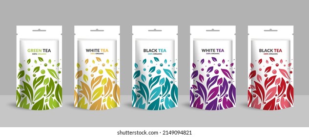 Tea packaging design with zip pouch bag mockup. Vector ornament template. Elegant, classic elements. Great for food, drink and other package types. Can be used for background and wallpaper.