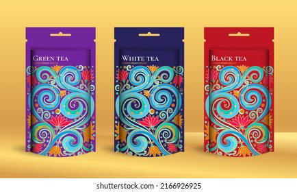 Tea packaging design with zip pouch bag mockup. Vector ornament template. Elegant, classic elements. Great for food, drink and other package types. Can be used for background and wallpaper.