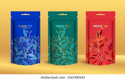 Tea packaging design with zip pouch bag mockup. Vector ornament template. Elegant, classic elements. Great for food, drink and other package types. Can be used for background and wallpaper.