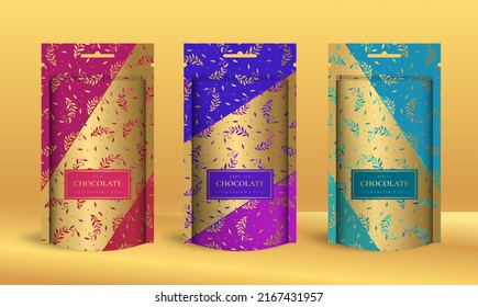 Tea packaging design with zip pouch bag mockup. Vector ornament template. Elegant, classic elements. Great for food, drink and other package types. Can be used for background and wallpaper.