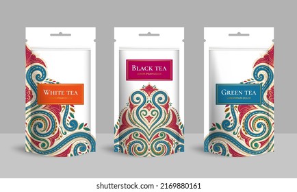 Tea packaging design with zip pouch bag mockup. Vector ornament template. Elegant, classic elements. Great for food, drink and other package types. Can be used for background and wallpaper.