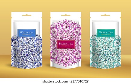 Tea packaging design with zip pouch bag mockup. Vector ornament template. Elegant, classic elements. Great for food, drink and other package types. Can be used for background and wallpaper.