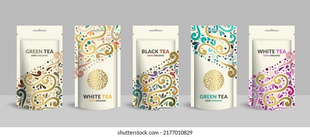 Tea packaging design with zip pouch bag mockup. Vector ornament template. Elegant, classic elements. Great for food, drink and other package types. Can be used for background and wallpaper.