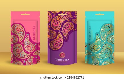 Tea packaging design with zip pouch bag mockup. Vector ornament template. Elegant, classic elements. Great for food, drink and other package types. Can be used for background and wallpaper.