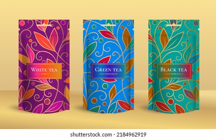 Tea packaging design with zip pouch bag mockup. Vector ornament template. Elegant, classic elements. Great for food, drink and other package types. Can be used for background and wallpaper.