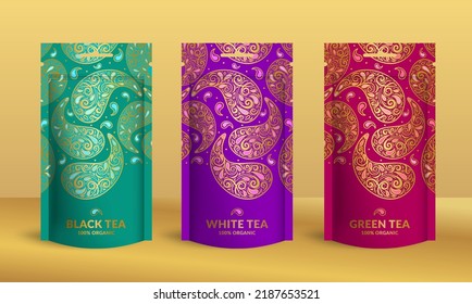Tea packaging design with zip pouch bag mockup. Vector ornament template. Elegant, classic elements. Great for food, drink and other package types. Can be used for background and wallpaper.