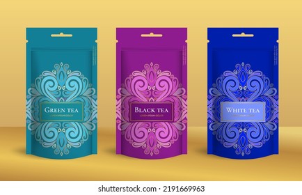 Tea packaging design with zip pouch bag mockup. Vector ornament template. Elegant, classic elements. Great for food, drink and other package types. Can be used for background and wallpaper.