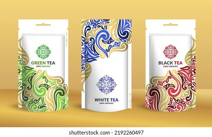 Tea packaging design with zip pouch bag mockup. Vector ornament template. Elegant, classic elements. Great for food, drink and other package types. Can be used for background and wallpaper.