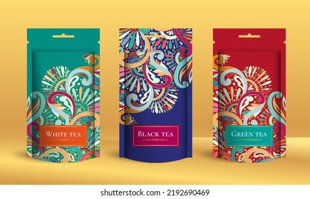 Tea packaging design with zip pouch bag mockup. Vector ornament template. Elegant, classic elements. Great for food, drink and other package types. Can be used for background and wallpaper.