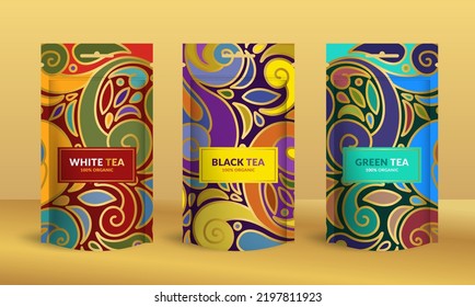 Tea packaging design with zip pouch bag mockup. Vector ornament template. Elegant, classic elements. Great for food, drink and other package types. Can be used for background and wallpaper.