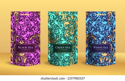 Tea packaging design with zip pouch bag mockup. Vector ornament template. Elegant, classic elements. Great for food, drink and other package types. Can be used for background and wallpaper.