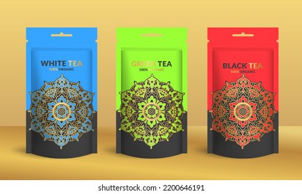 Tea packaging design with zip pouch bag mockup. Vector ornament template. Elegant, classic elements. Great for food, drink and other package types. Can be used for background and wallpaper.