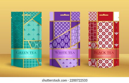 Tea packaging design with zip pouch bag mockup. Vector ornament template. Elegant, classic elements. Great for food, drink and other package types. Can be used for background and wallpaper.