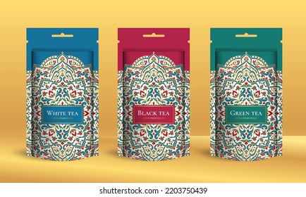 Tea packaging design with zip pouch bag mockup. Vector ornament template. Elegant, classic elements. Great for food, drink and other package types. Can be used for background and wallpaper.