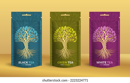 Tea packaging design with zip pouch bag mockup. Vector ornament template. Elegant, classic elements. Great for food, drink and other package types. Can be used for background and wallpaper.