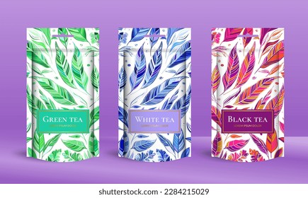Tea packaging design with zip pouch bag mockup. Vector ornament template. Elegant, classic elements. Great for food, drink and other package types. Can be used for background and wallpaper.