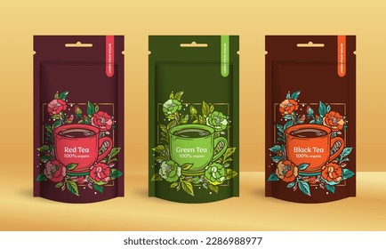 Tea packaging design with zip pouch bag mockup. Vector ornament template. Elegant, classic elements. Great for food, drink and other package types. Can be used for background and wallpaper.