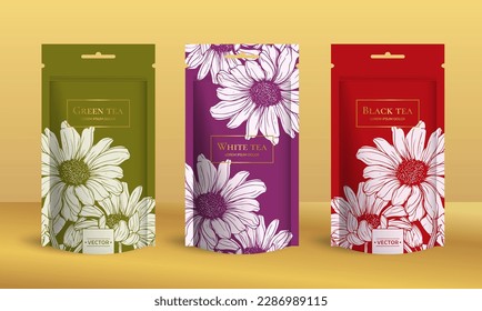 Tea packaging design with zip pouch bag mockup. Vector ornament template. Elegant, classic elements. Great for food, drink and other package types. Can be used for background and wallpaper.