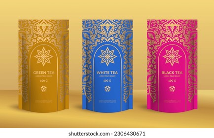 Tea packaging design with zip pouch bag mockup. Vector ornament template. Elegant, classic elements. Great for food, drink and other package types. Can be used for background and wallpaper.