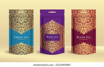 Tea packaging design with zip pouch bag mockup. Vector ornament template. Elegant, classic elements. Great for food, drink and other package types. Can be used for background and wallpaper.