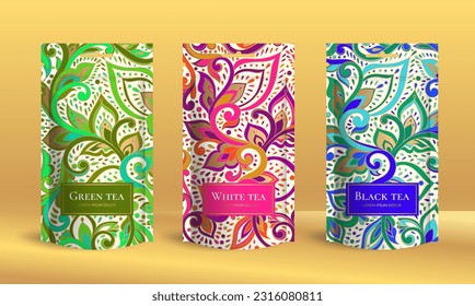 Tea packaging design with zip pouch bag mockup. Vector ornament template. Elegant, classic elements. Great for food, drink and other package types. Can be used for background and wallpaper.