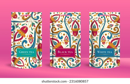 Tea packaging design with zip pouch bag mockup. Vector ornament template. Elegant, classic elements. Great for food, drink and other package types. Can be used for background and wallpaper.