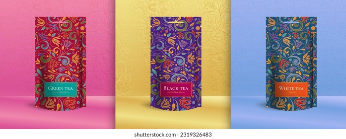 Tea packaging design with zip pouch bag mockup. Vector ornament template. Elegant, classic elements. Great for food, drink and other package types. Can be used for background and wallpaper.